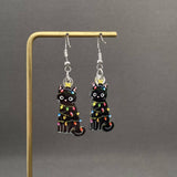 Christmas String Light Black Cat Dangle Earrings