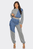 Color Block Denim Detail Top Pockets Pants Set: H.Grey-Denim / 2-2-2 (S-M-L)