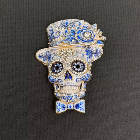 Halloween Enamel Skull With Top Hat Brooch: Blue