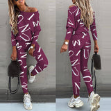 Women Off Shoulder Letter Print Lounge Set Two Piece: Black / 2XL