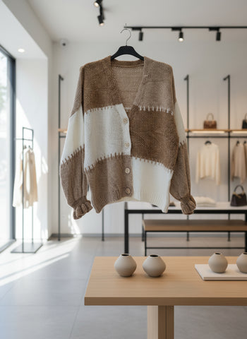 Knitted cardigan with brown and white pattern on a hanger against a white background