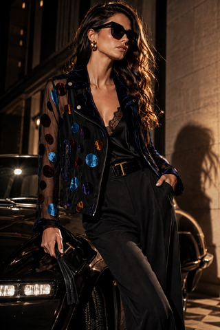 BS2502 - Velvet Polka Dot Mesh Moto Jacket : XL