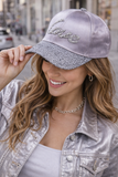 VIA FIORE Love Rhinestone Satin Baseball Cap : Black