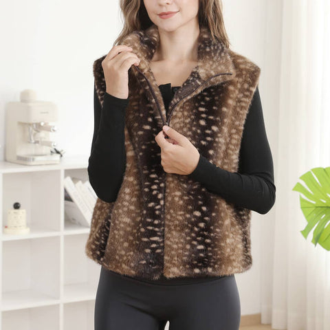 Deer Pattern Soft Faux Fur Zip-Up Vest with Pockets: COFFEE / One Size