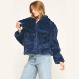 LUXE NAVY FAUX FUR CROPPED JACKET: NAVY / M
