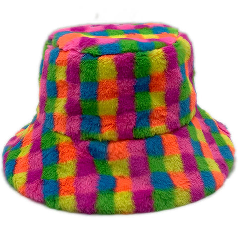 Checkered Faux Fur Bucket Hat: MLT / ONE SIZE