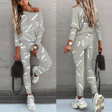 Women Off Shoulder Letter Print Lounge Set Two Piece: Black / 2XL