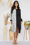 HH704R-NEWSPRINT -  Color Block Newsprint Midi Shirt Dress: XL / BLACK AND WHITE