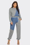 Color Block Denim Detail Top Pockets Pants Set: H.Grey-Denim / 2-2-2 (S-M-L)