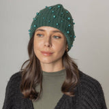 Women's Solid Faux Peal Knitted Beanie Hat: GRN / One Size