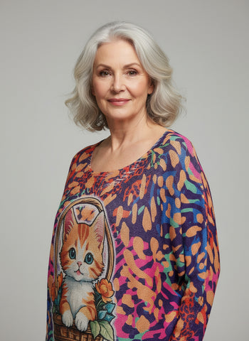 Colorful sweater with a cat in a basket design on a hanger against a white background