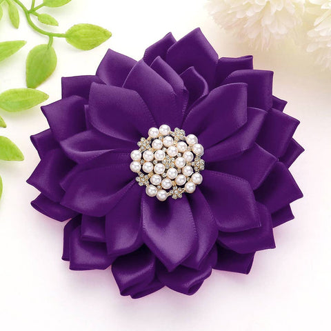 Pearl Pointed Flower Ribbon Brooch / Hair Clip: Purple