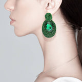 Oval Glass Stone Rhinestone Paved Dangle Evening Earrings: Red