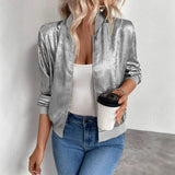 Women's Metallic Zip-Up Bomber Jacket Lightweight Casual: Gold / 100%Viscose / XL