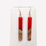 Resin Wooden Stick Rectangular Pendant Earrings: Red