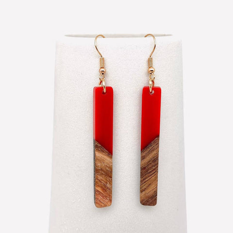 Resin Wooden Stick Rectangular Pendant Earrings: Red