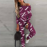 Women Off Shoulder Letter Print Lounge Set Two Piece: Black / 2XL