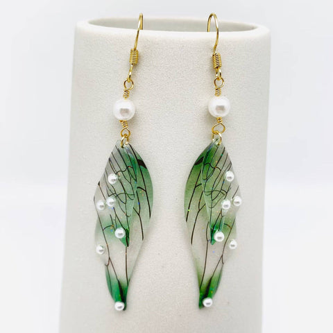 Colorful Double Butterfly Wings Dangle Earrings: Pearl-Light Green