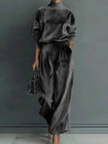 Velvet Mock Neck Wide Leg Pants Two Piece Lounge Set: Dark Green / XL