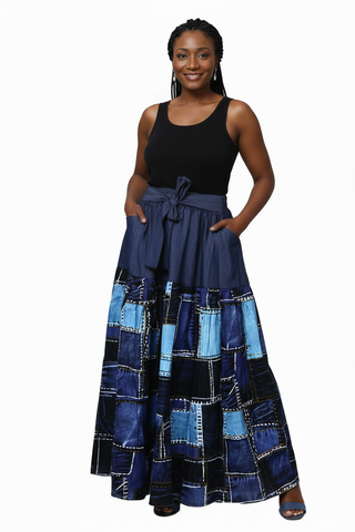 7837 Long Flared Tiered Skirt- Blue/Denim