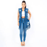 DISTRESSED LONG LENGTH DENIM VEST-RBT713: L / DARK BLUE / Junior