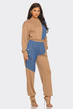 French Terry Color Block Denim Detail Top Pockets Pants Set: Black / 2-2-2 (S-M-L)