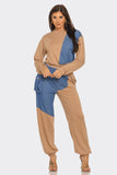 Color Block Denim Detail Top Pockets Pants Set: H.Grey-Denim / 2-2-2 (S-M-L)