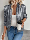 Women's Metallic Zip-Up Bomber Jacket Lightweight Casual: Gold / 100%Viscose / XL
