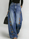 Women's High Rise Wide Leg Jeans Metal Grommets Vintage: Navy Blue / 2XL