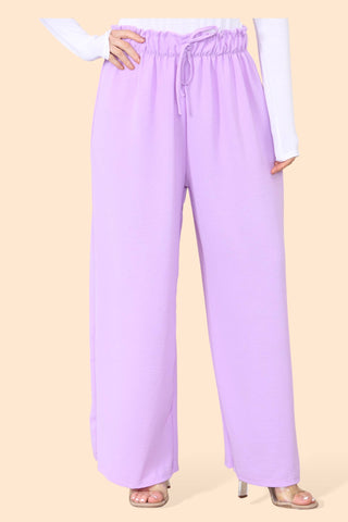 A pair of lightweight lilac 
wide-leg trousers in lilac color with a ruched elasticated waist.