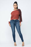 Color Block Twisted Open Back Loose Fit Cozy Sweater: Rust Combo / 1-2-2-1 (S-M-L-XL)