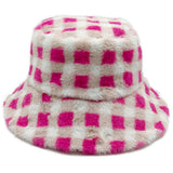 Checkered Faux Fur Bucket Hat: MLT / ONE SIZE