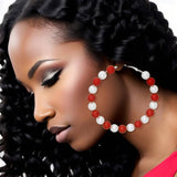 DST Sorority Red White Pearl Hoops for Women: Red and White / Rhodium / 3 inches