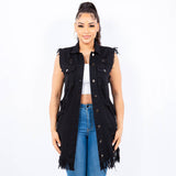 DISTRESSED LONG LENGTH DENIM VEST-RBT713: L / DARK BLUE / Junior