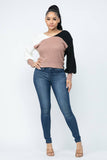 Color Block Twisted Open Back Loose Fit Cozy Sweater: Rust Combo / 1-2-2-1 (S-M-L-XL)