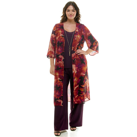 PLUS SIZE 3PC CARDIGAN TANK, PANT NECKLACE SET: Eggplant/Plum/Rust / 3XL