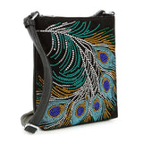 Black handbag with peacock feather pattern on a white background