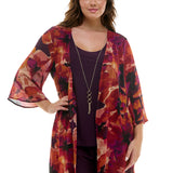 PLUS SIZE 3PC CARDIGAN TANK, PANT NECKLACE SET: Eggplant/Plum/Rust / 1XL