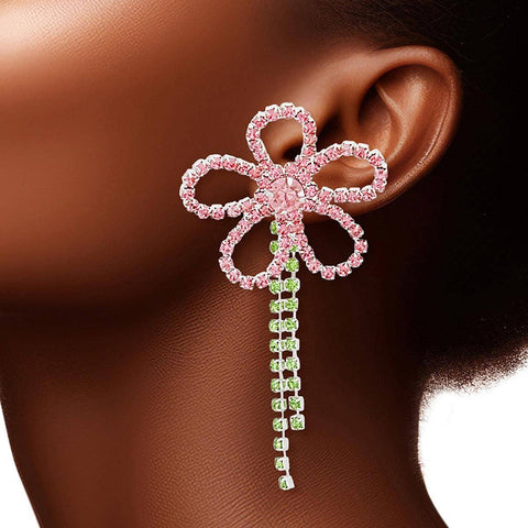 Jacket Pink Green Stone Daisy Earrings for Women: Pink and Green / Rhodium / 2.5 x 1.25 inches