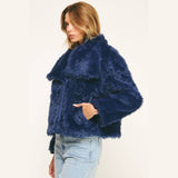LUXE NAVY FAUX FUR CROPPED JACKET: NAVY / M
