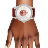 DST Red Leather Silver Sun Cut Dial Watch Women: Red / Rhodium / Adjustable