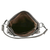 Silver handbag with brown interior on a white background