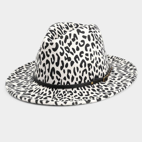 Faux Leather Band Detailed Leopard Patterned Panama Hat: Gray