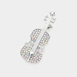 Stone Embellished Violin Pin Brooch: Silver AB