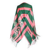 Green and pink striped scarf with a logo on a white background