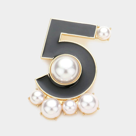 Pearl Embellished Enamel NO. 5 Pin Brooch: Black