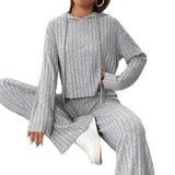 Women's Ribbed Knit Hoodie & Pants Two Piece Set: Purple / XL
