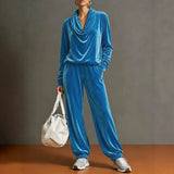 Women's Velvet Cowl Neck 2 Piece Lounge Set: Blue / 2XL