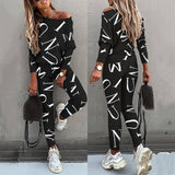 Women Off Shoulder Letter Print Lounge Set Two Piece: Black / 2XL