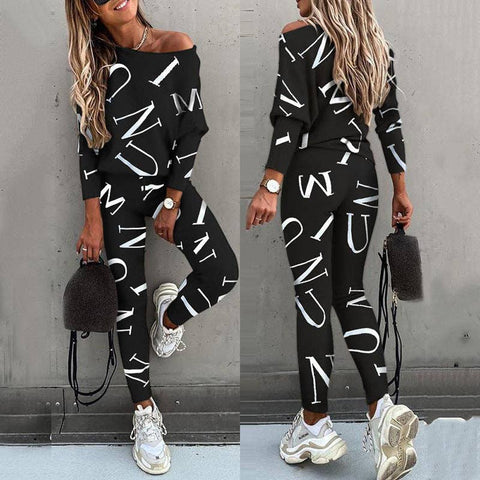 Women Off Shoulder Letter Print Lounge Set Two Piece: Black / 2XL